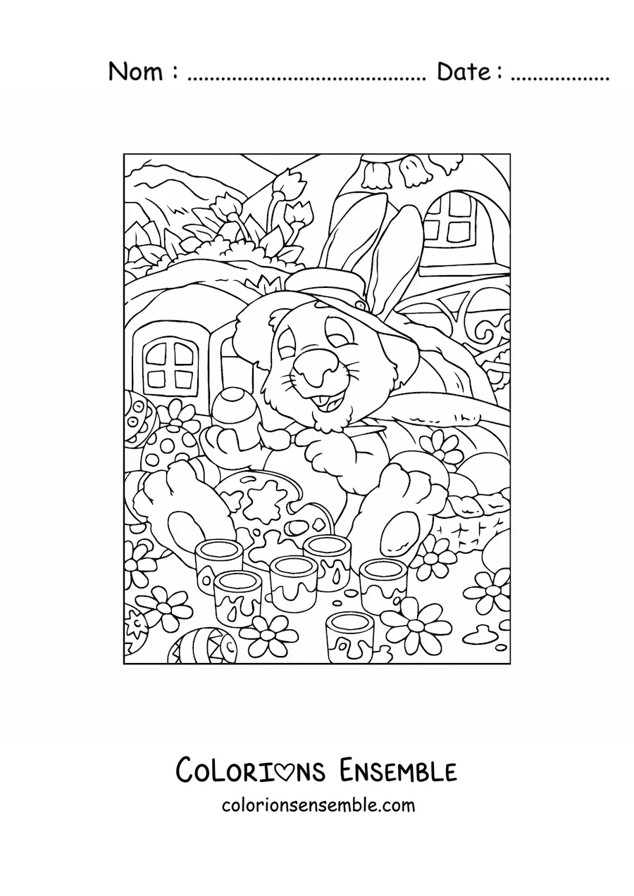 Image à colorier du lapin de Pâques avec un chapeau qui peint des œufs