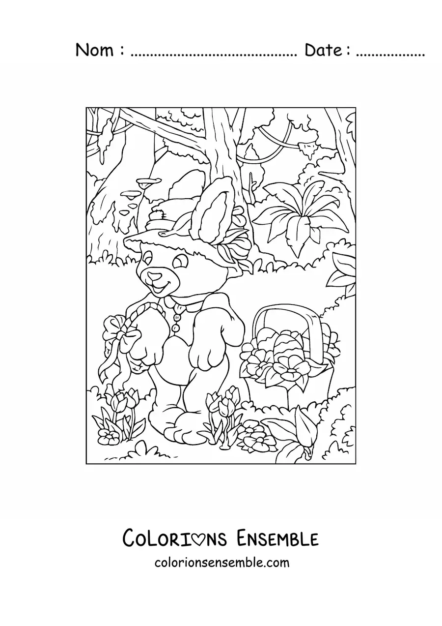 Image à colorier du lapin de Pâques avec un chapeau et un panier d'œufs