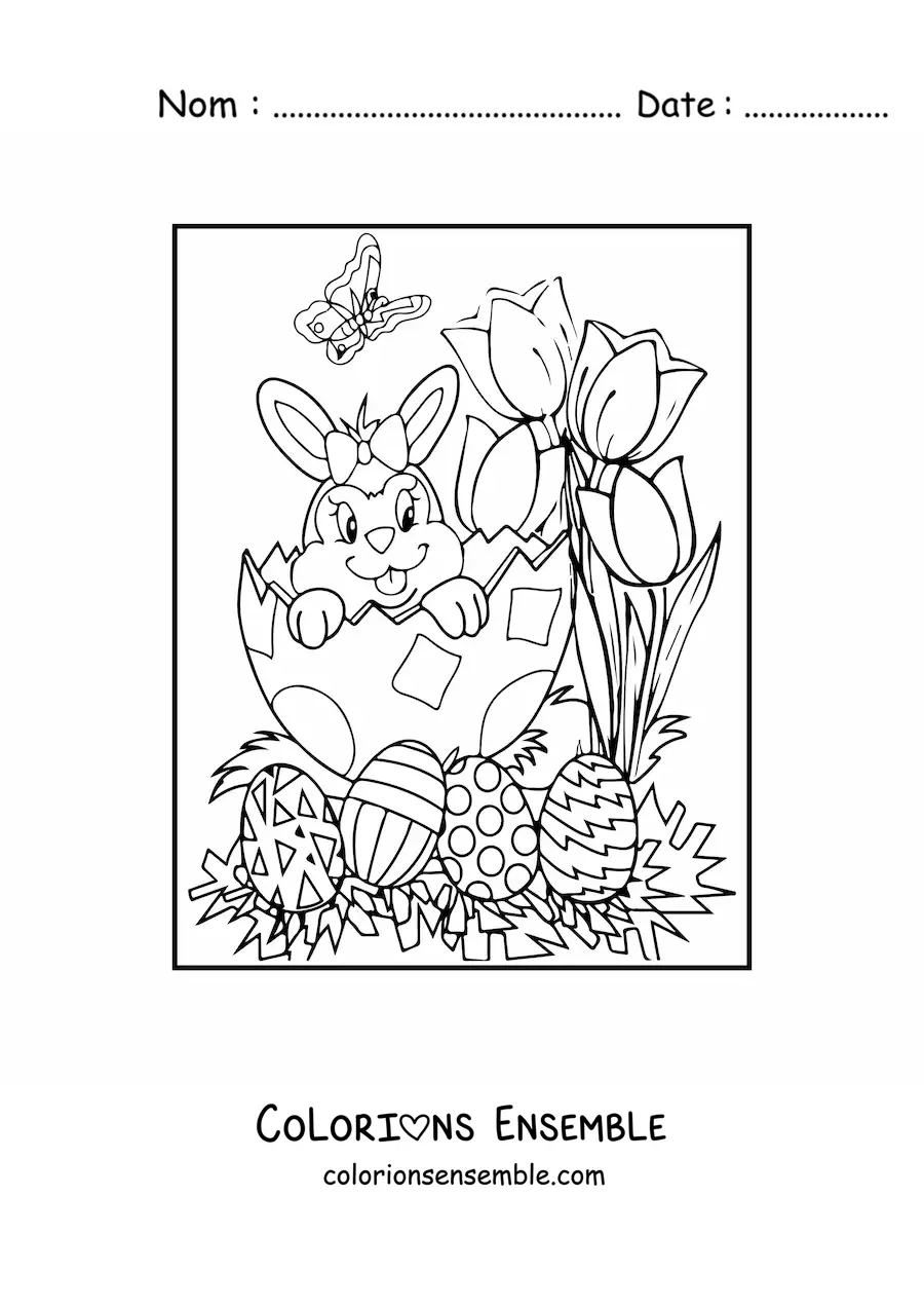 Image à colorier d'une lapine animée dans un œuf de Pâques avec des fleurs