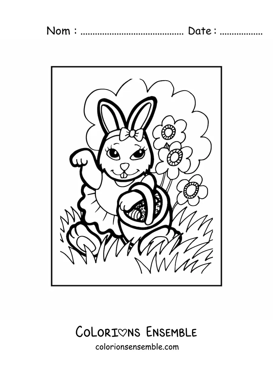 Image à colorier d'une lapine animée avec des œufs de Pâques et des fleurs