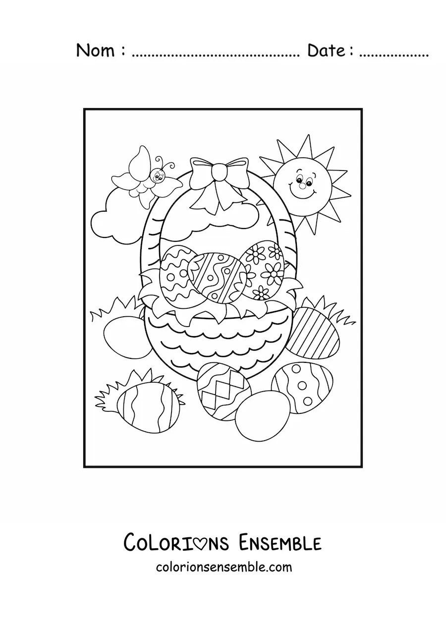 Image à colorier d'un panier d'œufs de Pâques avec un papillon et un soleil joyeux
