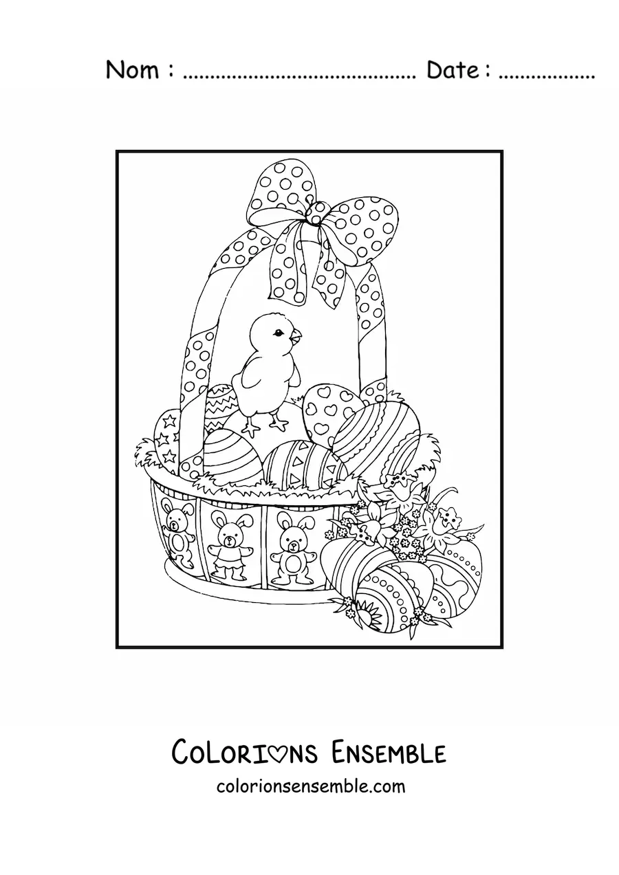 Image à colorier d'un panier d'œufs de Pâques avec un poussin et des fleurs