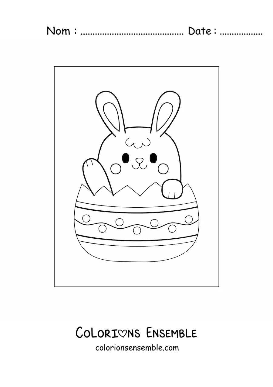 Image à colorier d'un petit lapin de Pâques kawaii dans un œuf