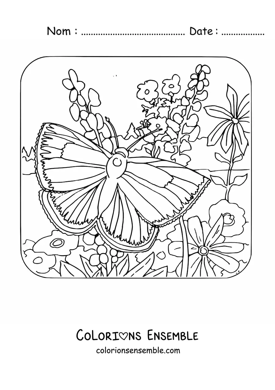 Image à colorier d'un papillon qui se pose parmi des fleurs