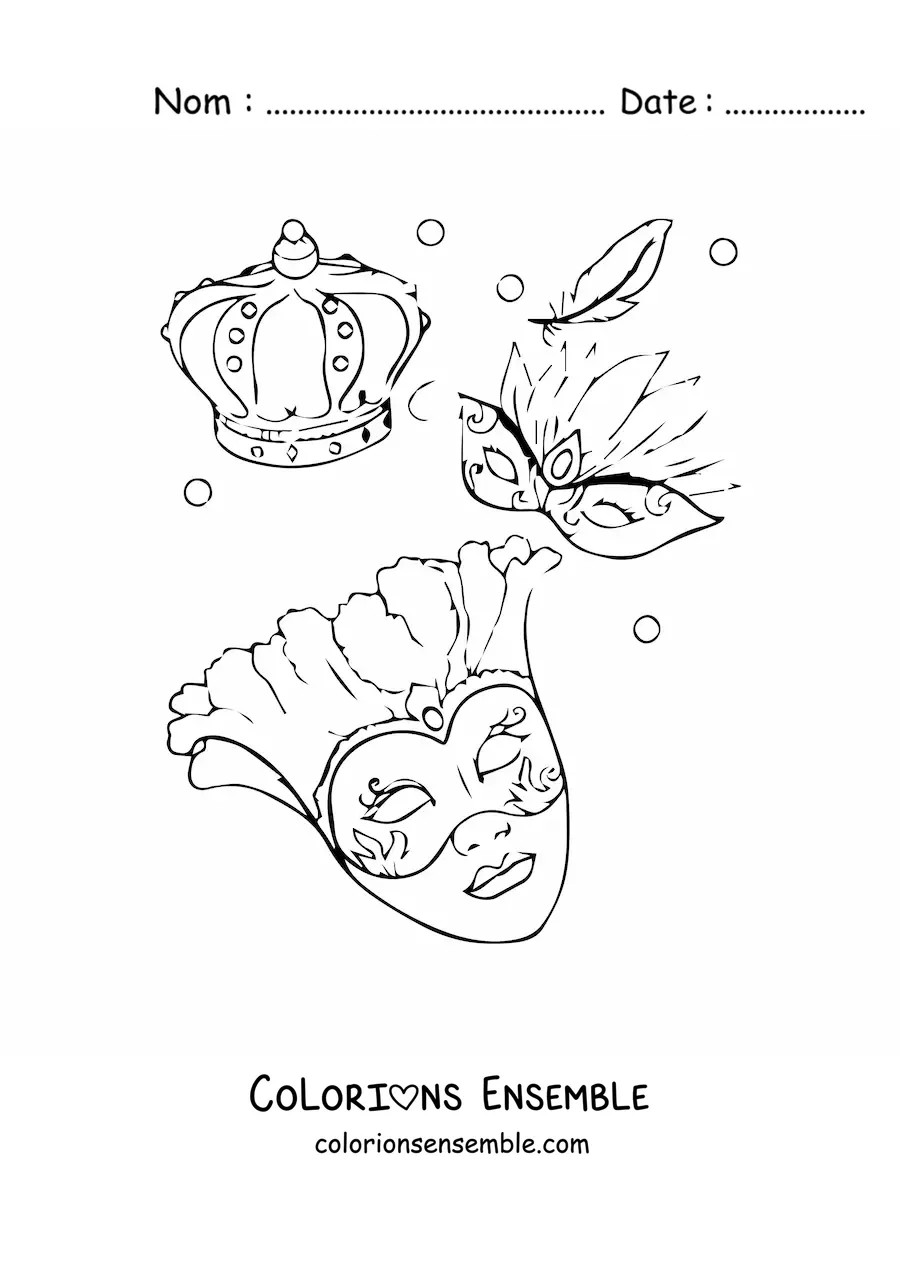 Image à colorier de plusieurs masques de carnaval