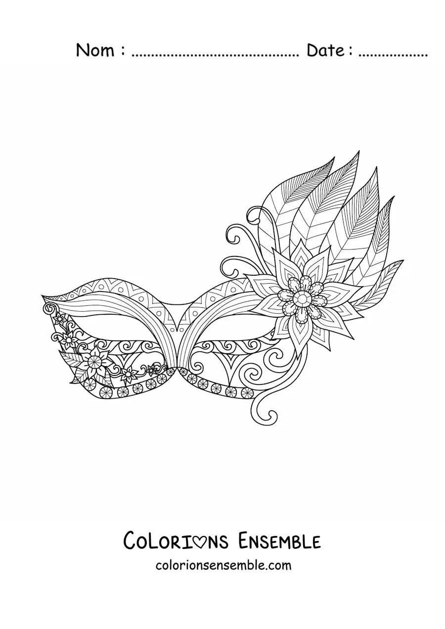 Image à colorier d'un loup de carnaval orné de plumes