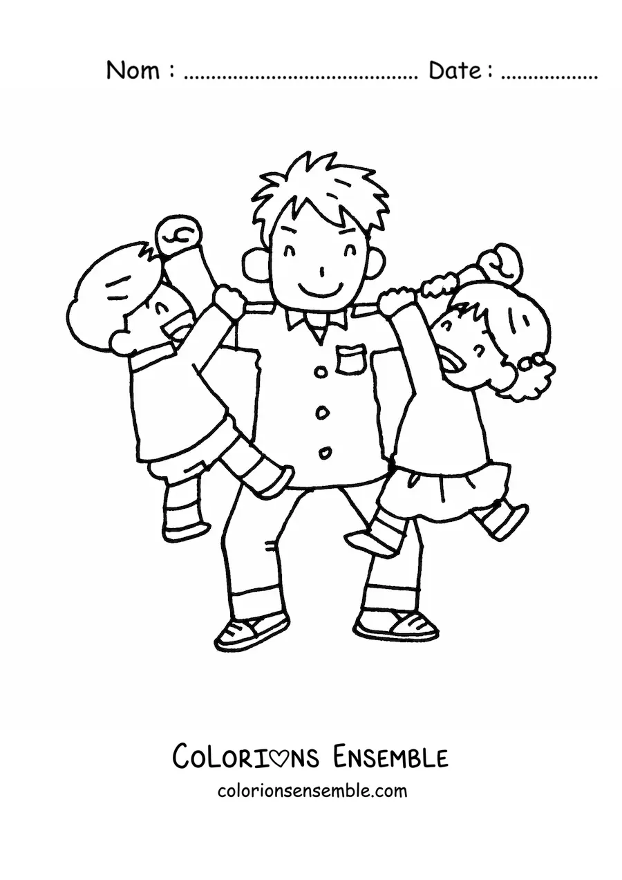 Image à colorier d'un papa qui joue avec ses deux enfants