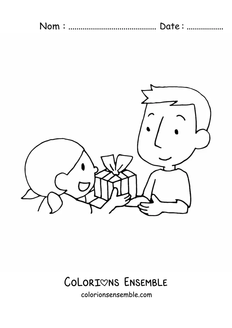 Image à colorier d'une fille qui offre un cadeau à son papa pour sa fête