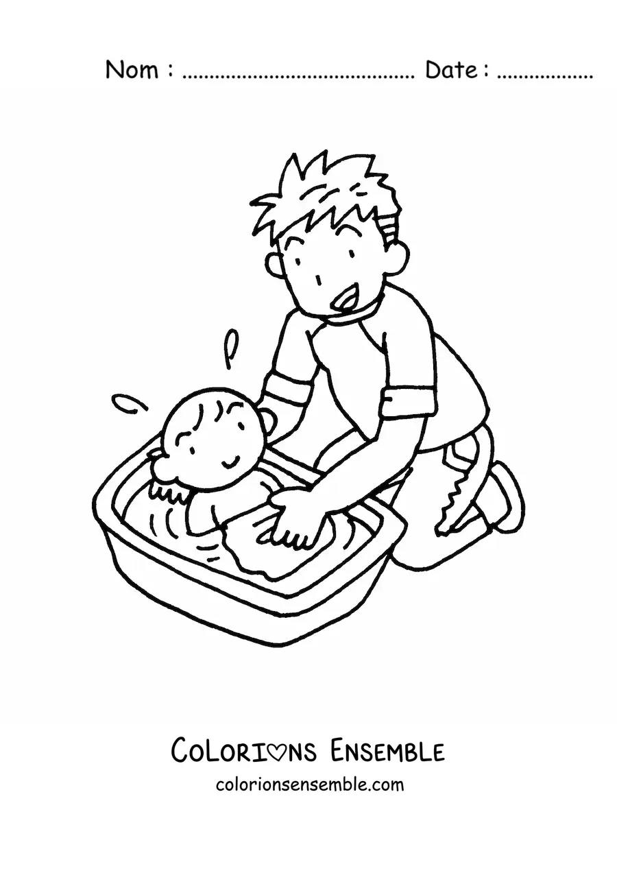 Image à colorier d'un papa qui donne le bain à son enfant