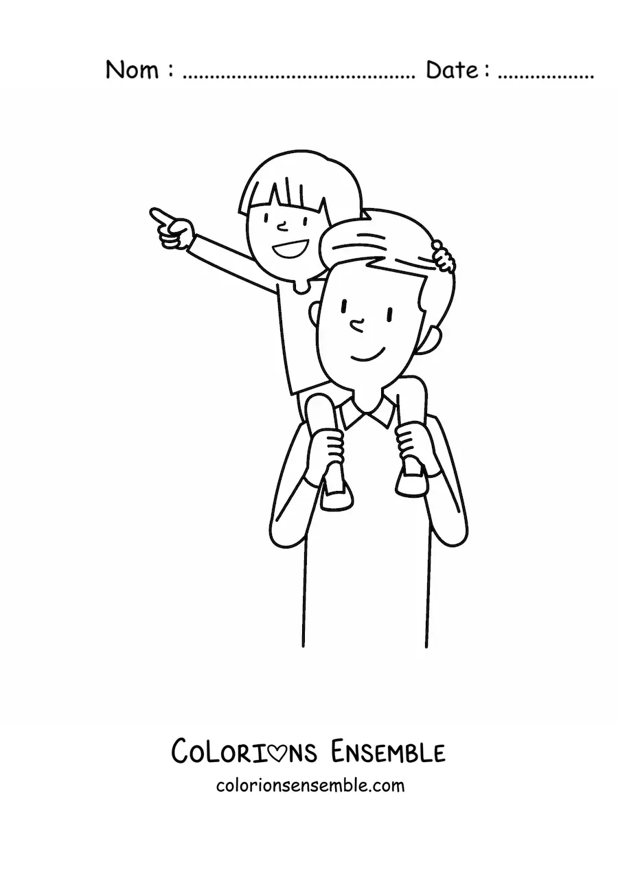 Image à colorier d'un papa qui porte son enfant dans ses bras