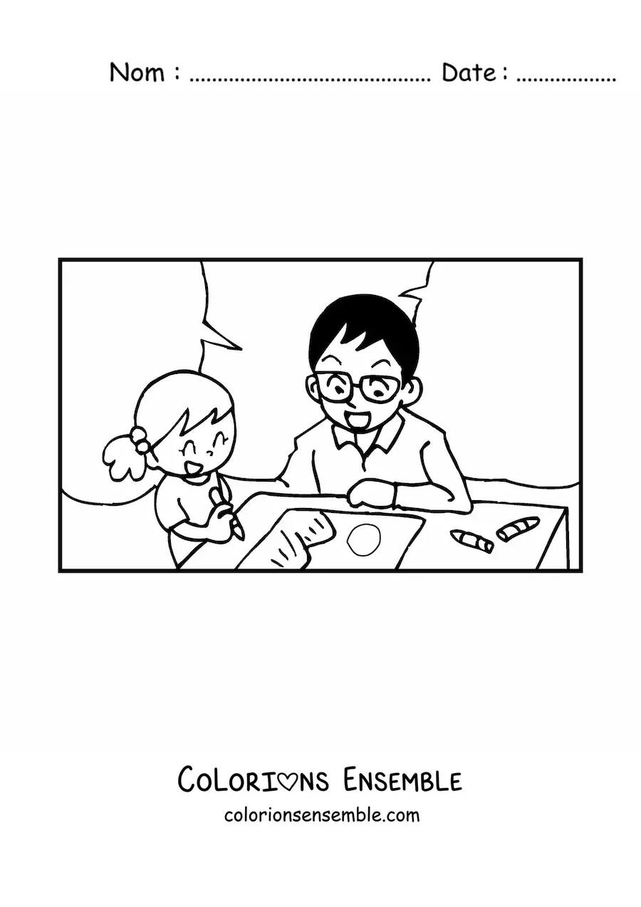 Image à colorier d'un papa qui colorie avec sa fille