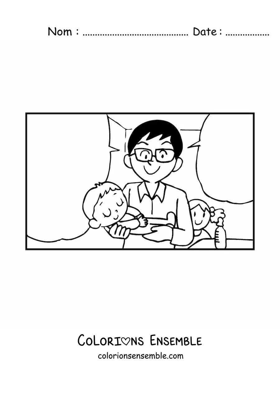 Image à colorier d'un papa qui porte son bébé dans ses bras