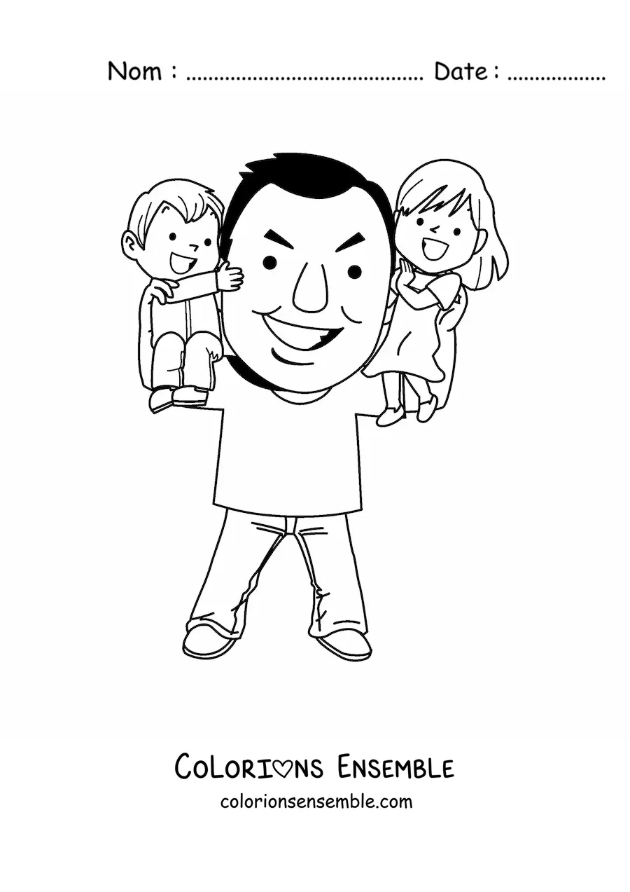 Image à colorier d'un papa qui porte ses enfants dans ses bras
