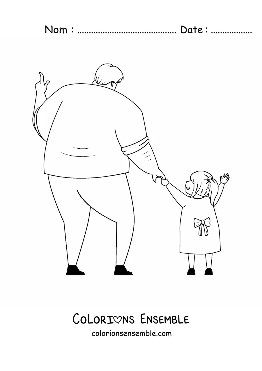Image à colorier d'un papa main dans la main avec sa fille
