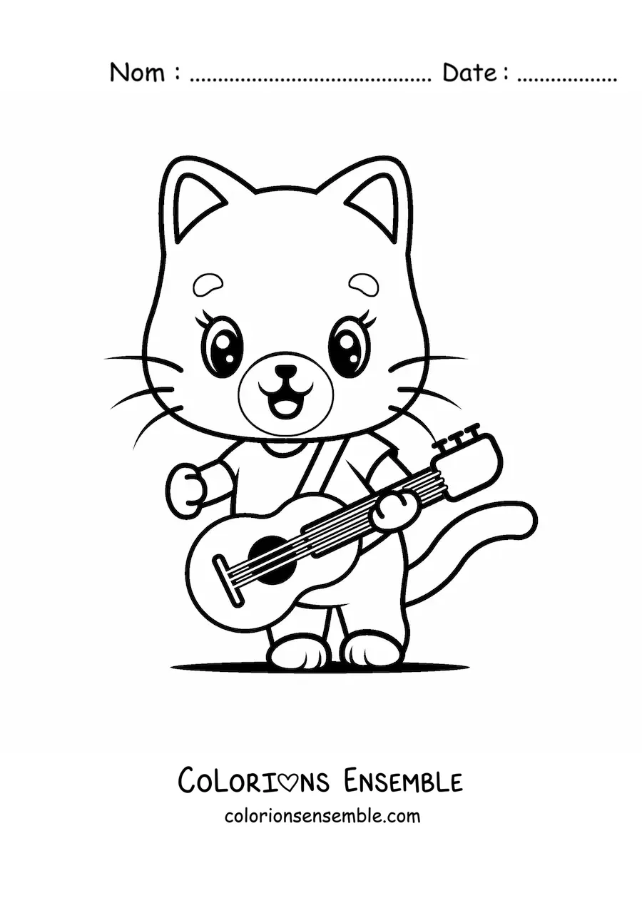 Image à colorier d'un chat kawaii de dessin animé qui joue de la guitare