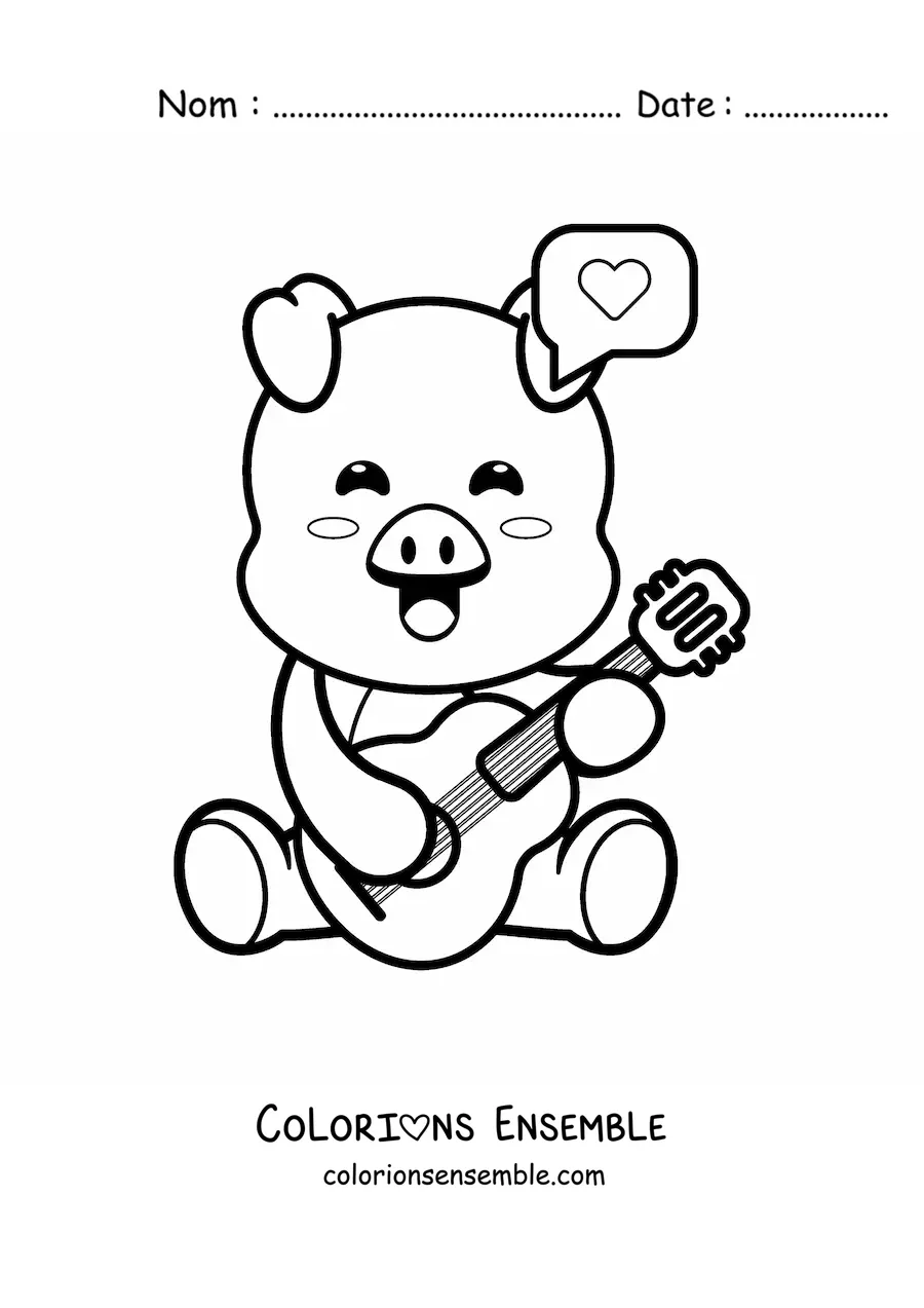 Image à colorier d'un cochon kawaii de dessin animé qui joue de la guitare acoustique