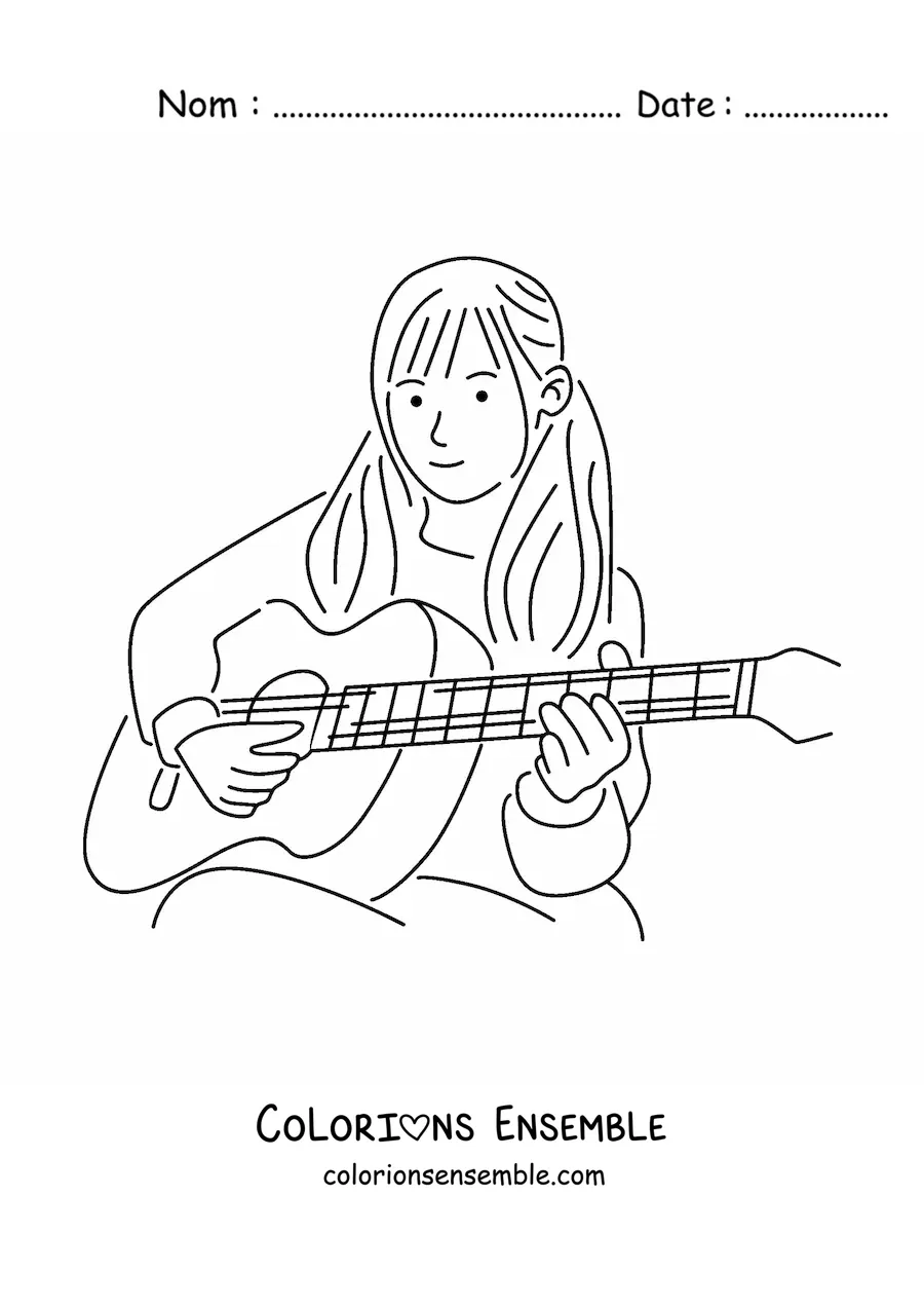 Image à colorier d'une fille assise qui joue de la guitare classique