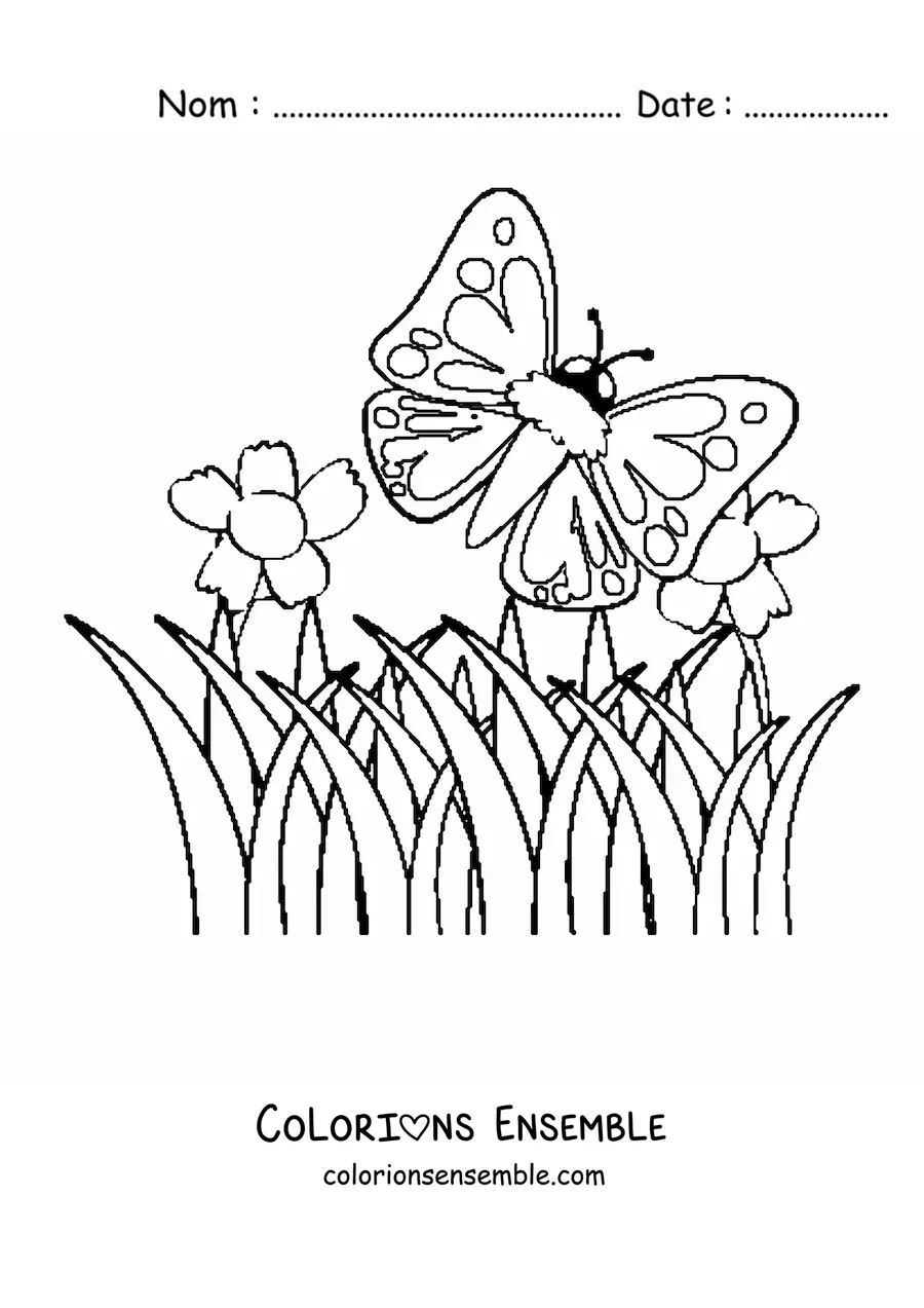 Image à colorier d'un papillon qui vole au-dessus de fleurs dans un champ