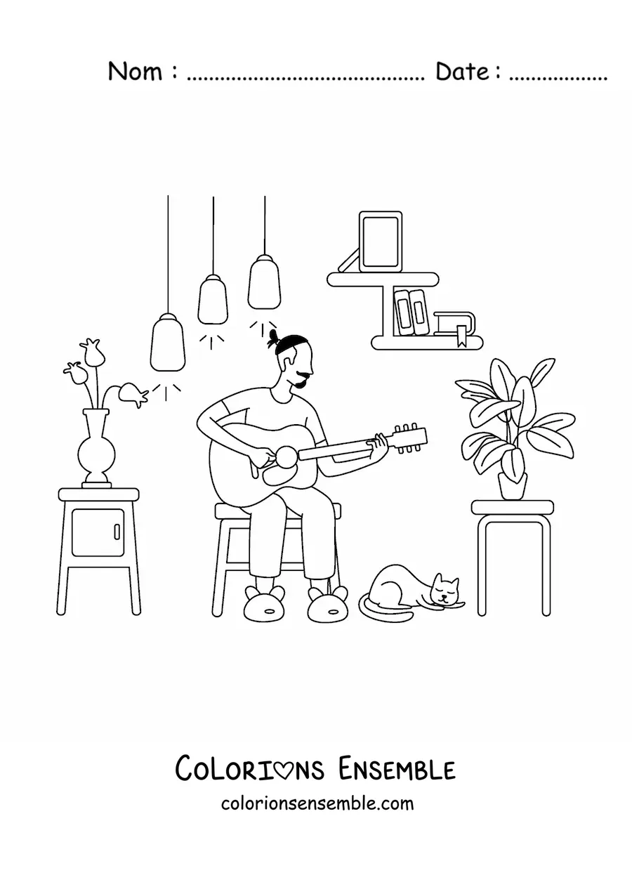 Image à colorier d'un garçon qui joue de la guitare à la maison