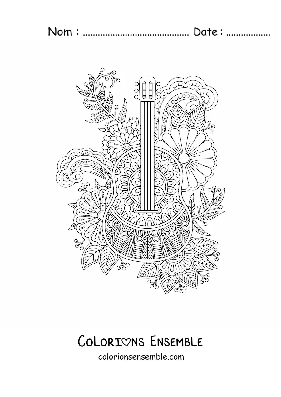 Image à colorier d'un mandala en forme de guitare classique