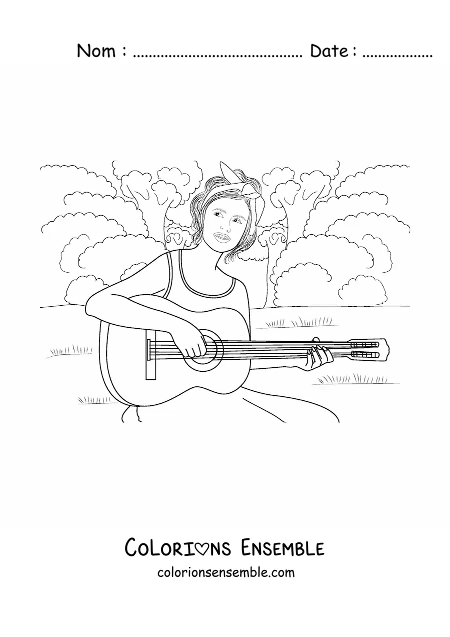 Image à colorier d'une fille qui joue de la guitare dans un parc