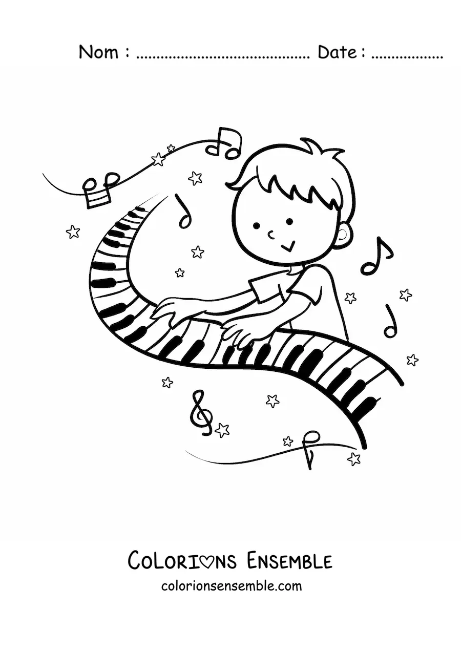 Image à colorier d'un garçon qui joue du piano
