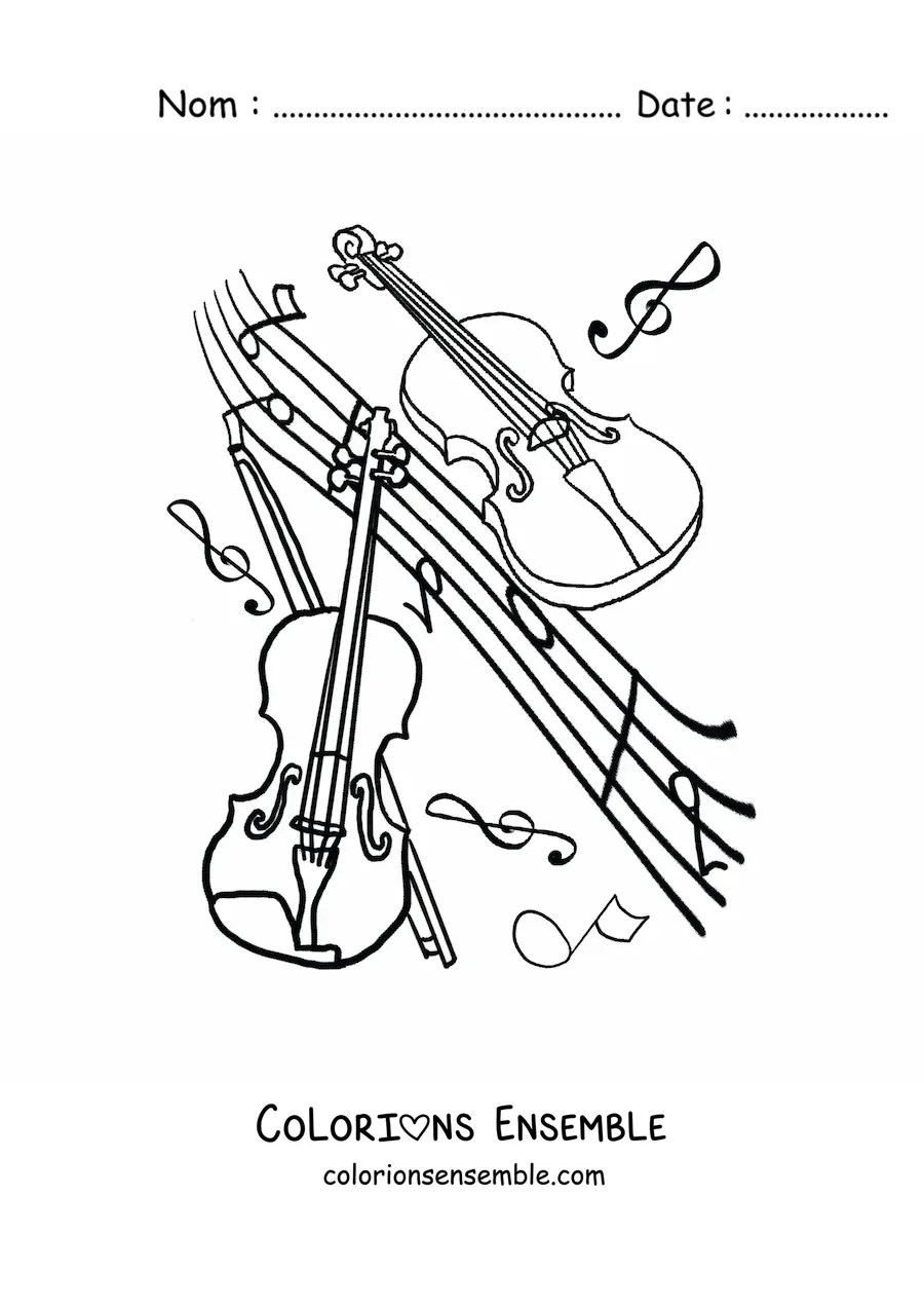 Image à colorier de deux violons entourés de notes de musique