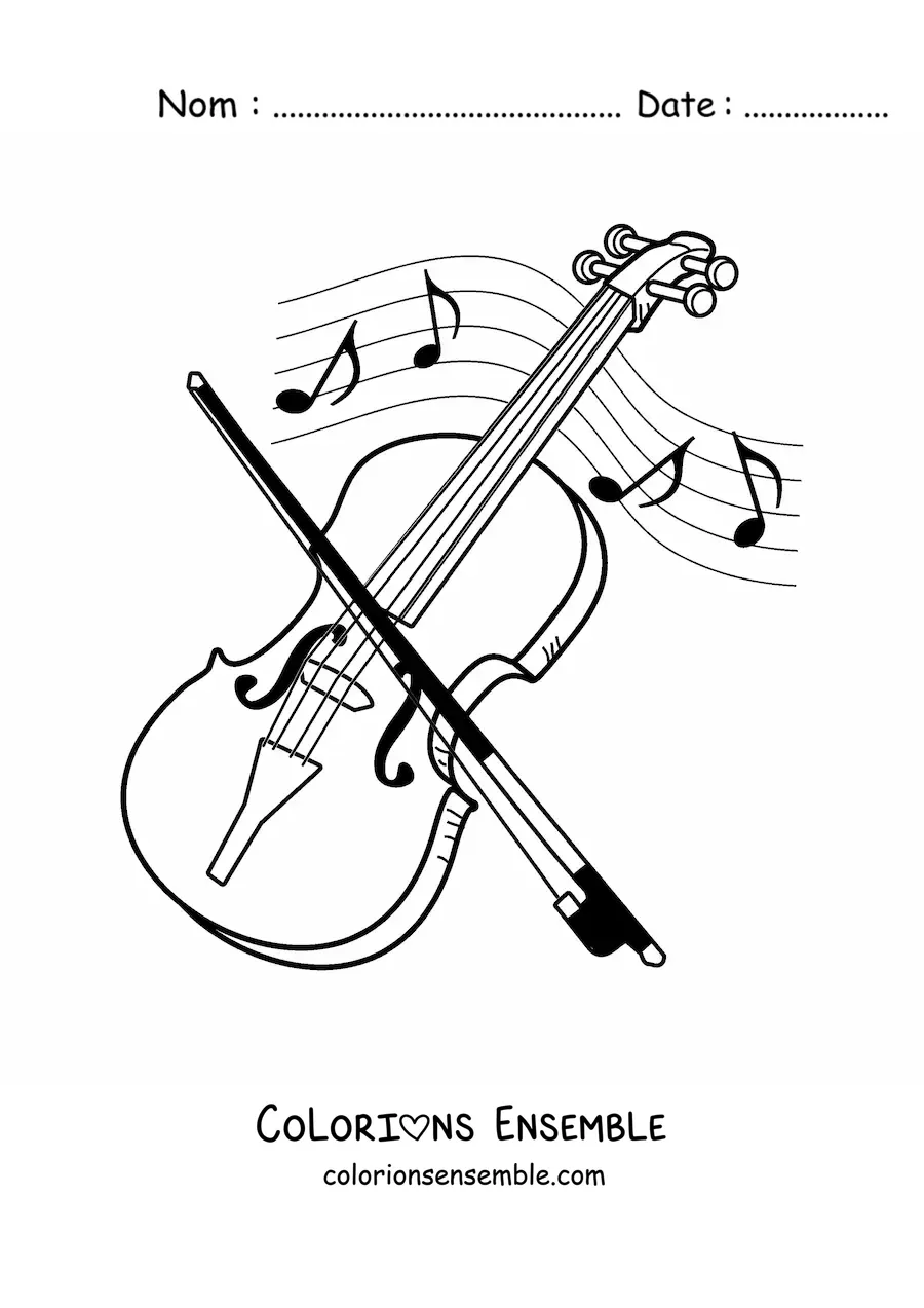Image à colorier d'un violon et de son archet entourés de notes de musique