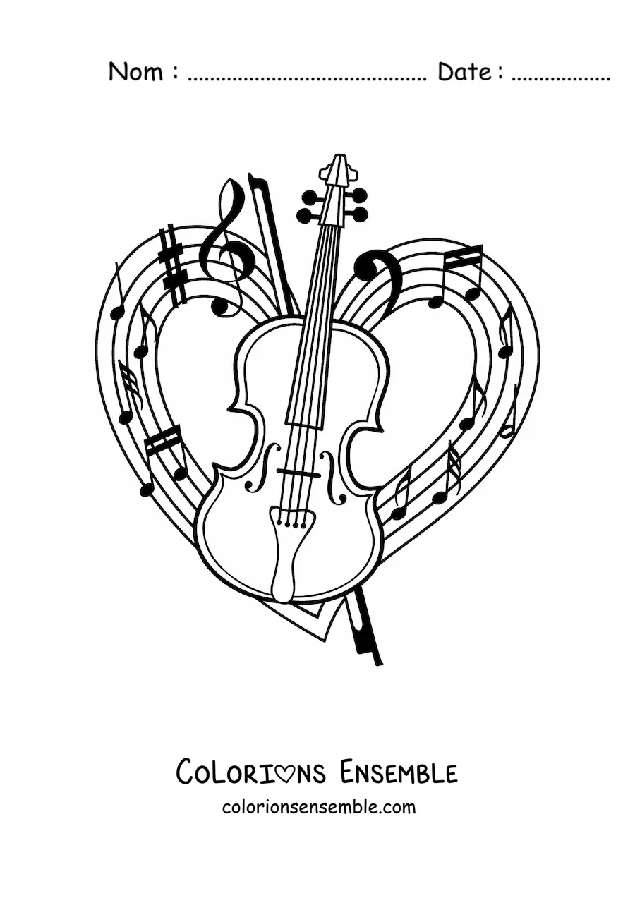 Image à colorier d'un violon et de son archet avec une portée en forme de cœur