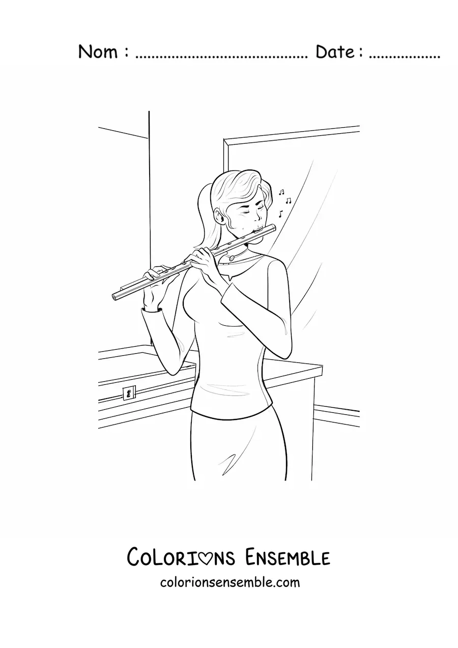 Image à colorier d'une fille qui joue de la flûte traversière