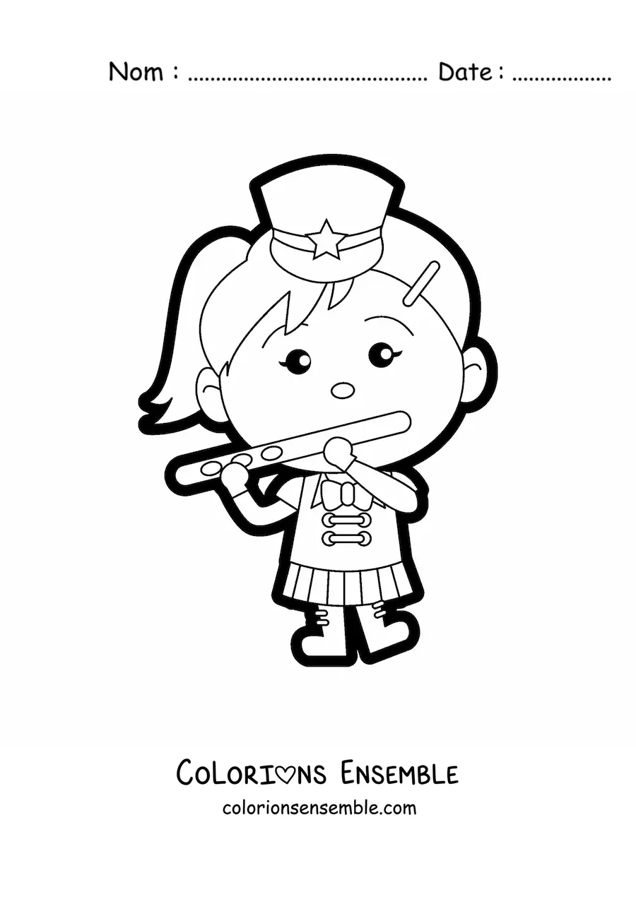 Image à colorier d'une fille flûtiste portant l'uniforme d'une fanfare