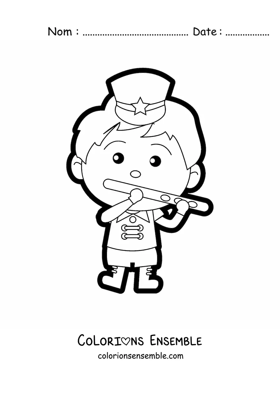 Image à colorier d'un garçon flûtiste portant l'uniforme d'une fanfare
