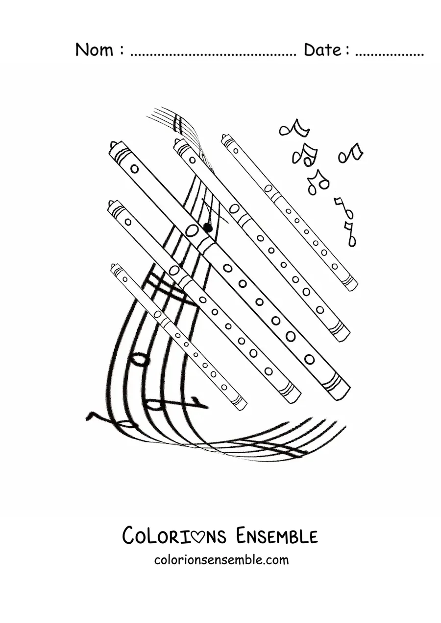Image à colorier de plusieurs flûtes posées sur une portée avec des notes de musique