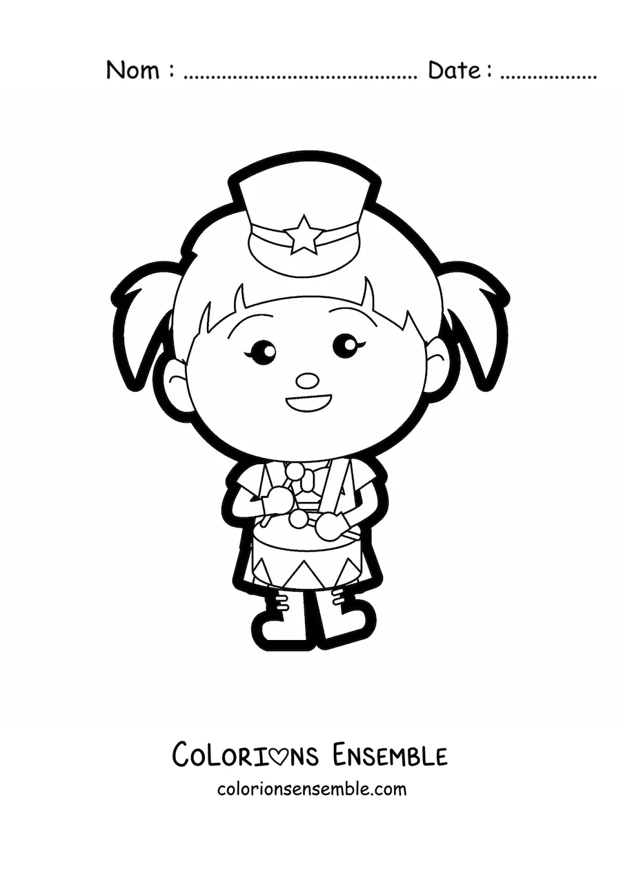 Image à colorier d'une fille en uniforme de fanfare qui joue du tambour