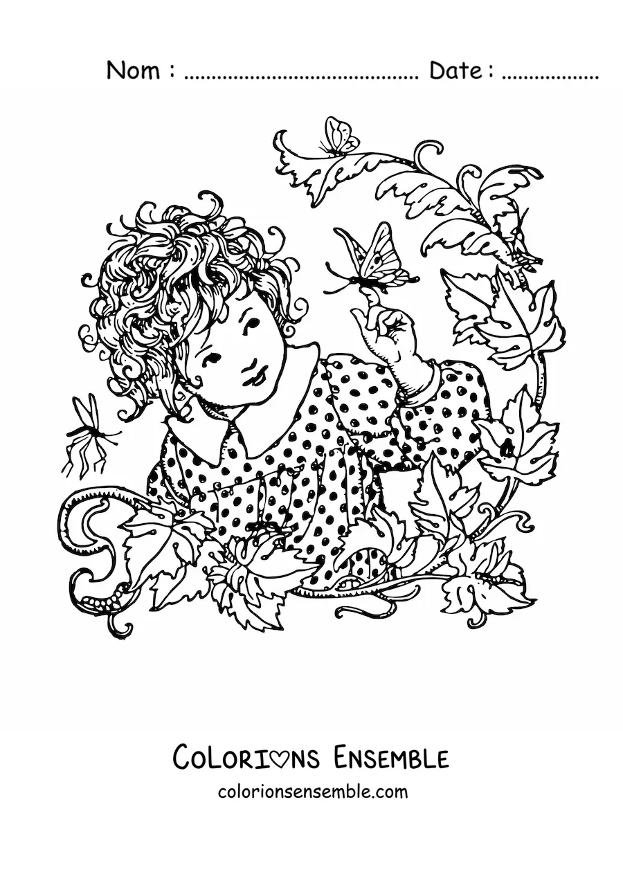 Image à colorier d'une petite fille entourée de plantes qui joue avec un papillon