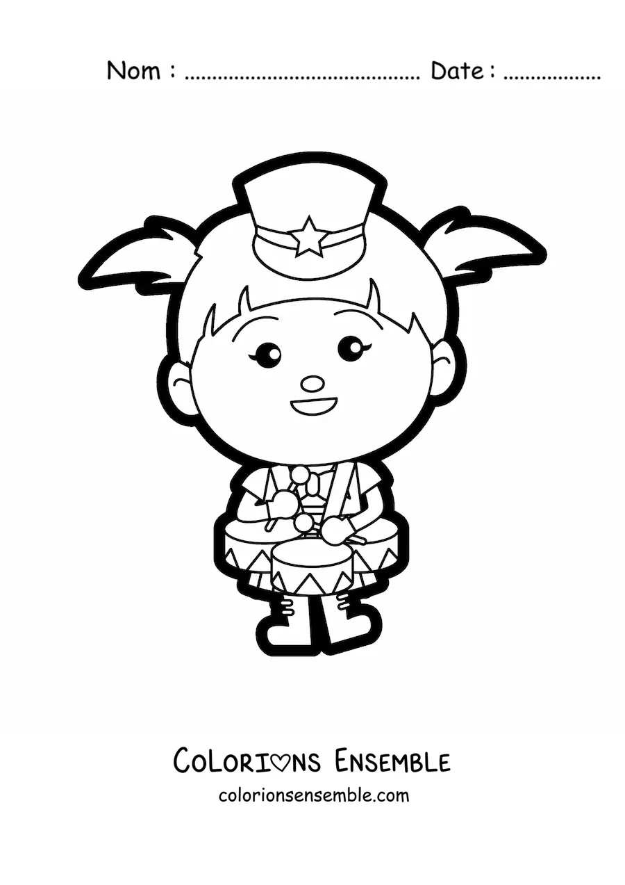 Image à colorier d'une fille en uniforme de fanfare qui joue des tambours