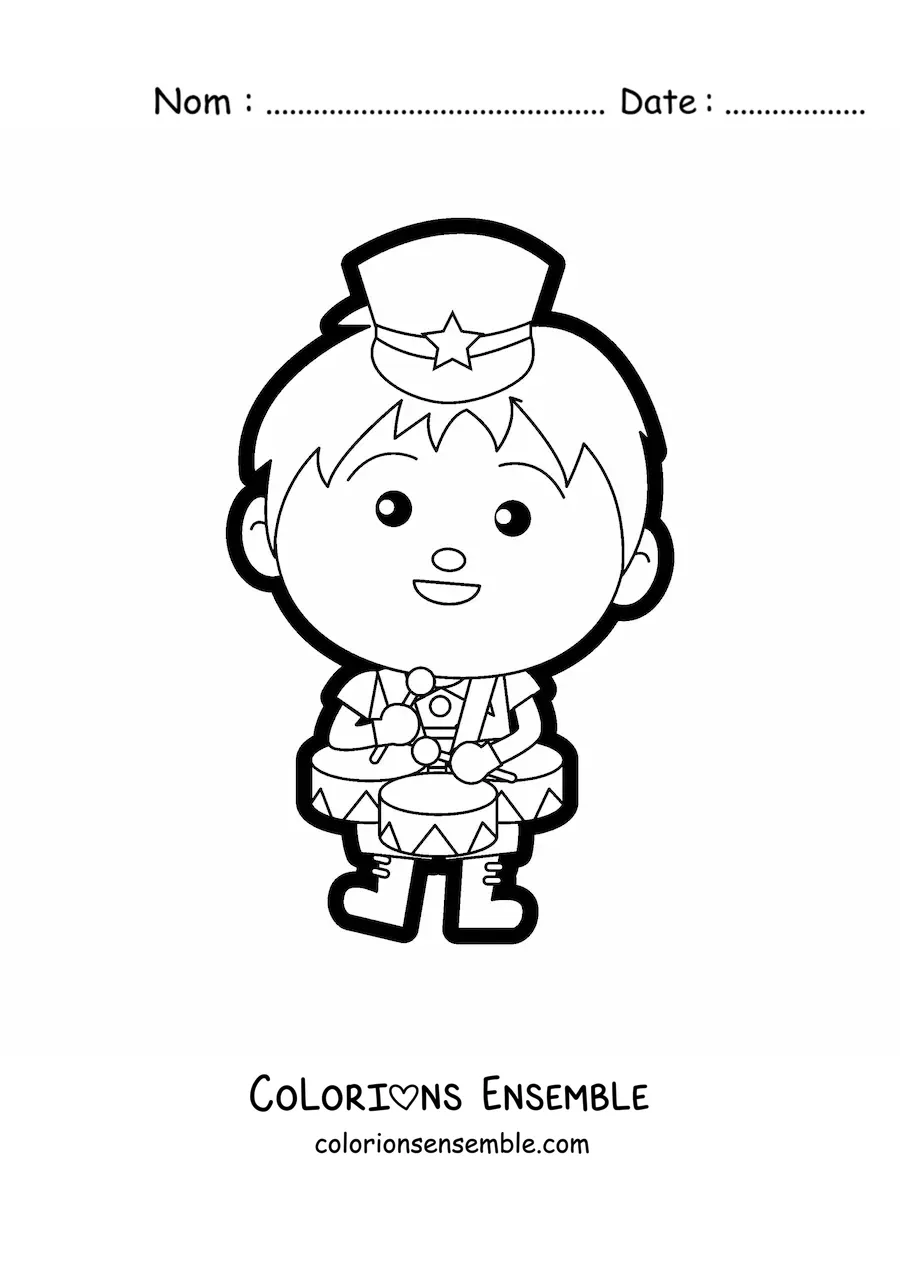 Image à colorier d'un garçon en uniforme de fanfare qui joue des tambours