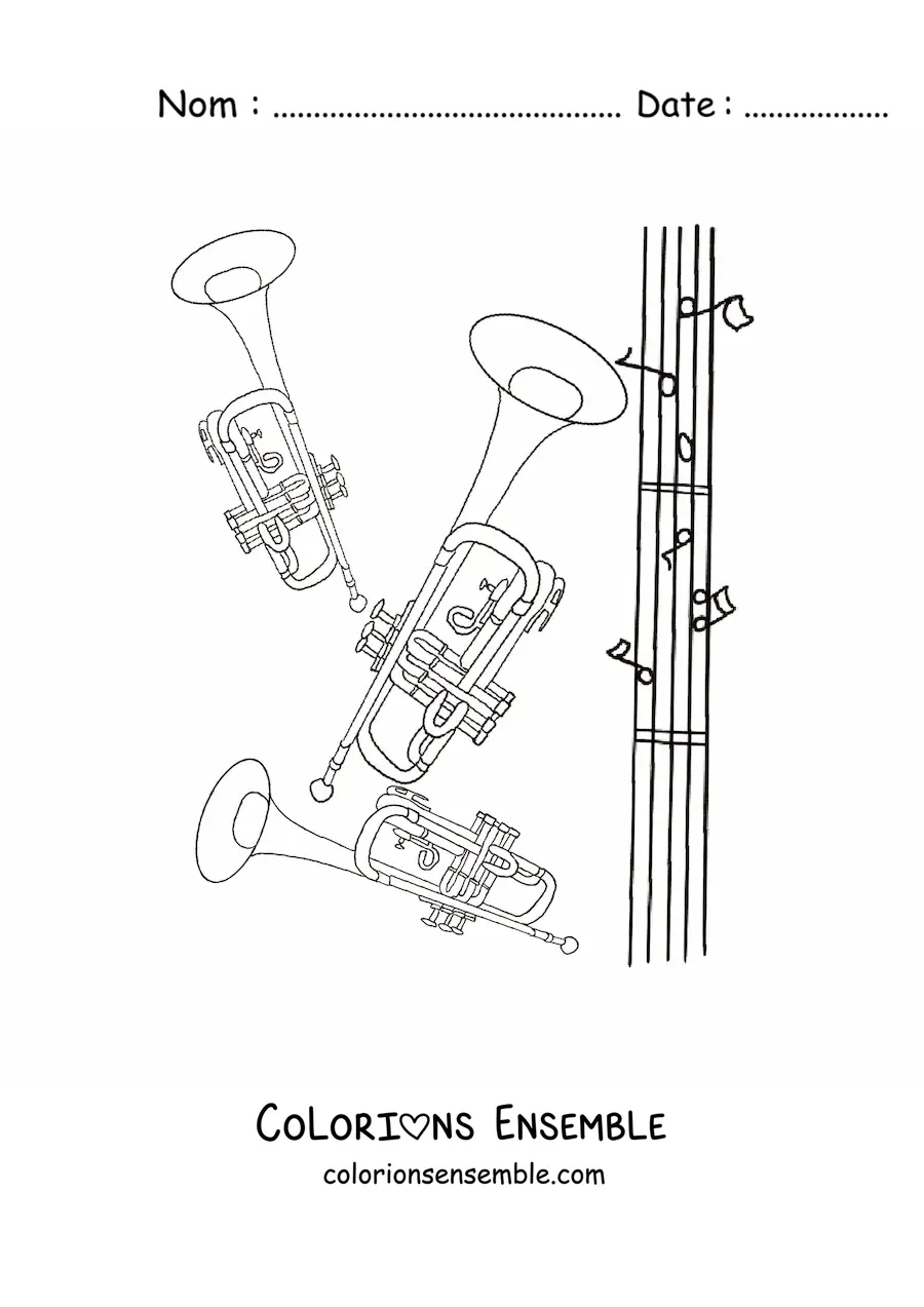 Image à colorier de deux trompettes posées près d'une portée avec des notes de musique