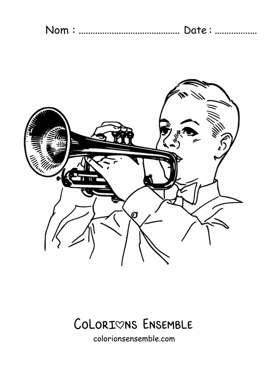 Image à colorier d'un garçon qui joue de la trompette
