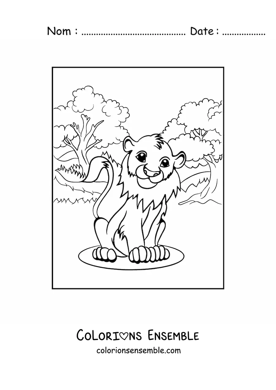 Image à colorier d'un adorable petit lion assis dans la savane