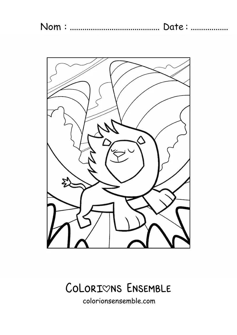 Image à colorier d'un lion de dessin animé qui marche, la crinière au vent, dans un paysage naturel