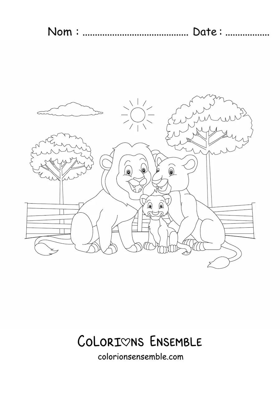 Image à colorier d'une famille de lions avec un lionceau qui sourit au zoo