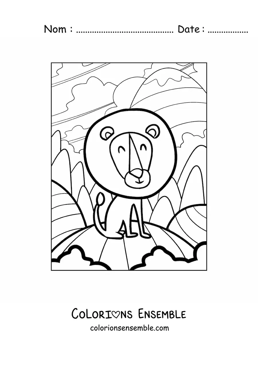 Image à colorier d'un lion de dessin animé heureux avec une grande crinière ronde dans son habitat