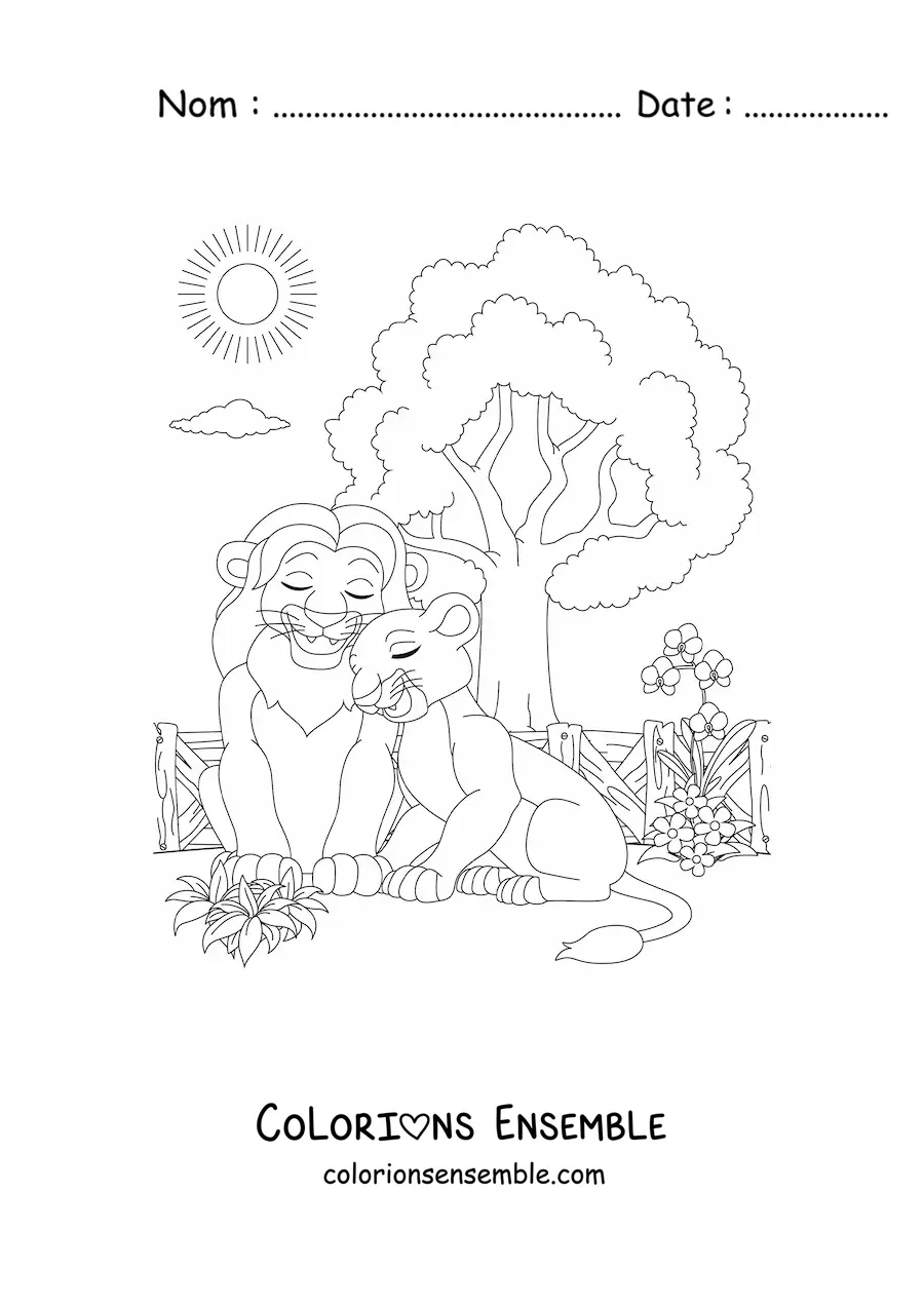Image à colorier d'un couple de lions amoureux ensemble au zoo
