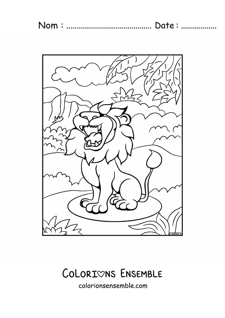 Image à colorier d'un lion féroce qui rugit dans son habitat