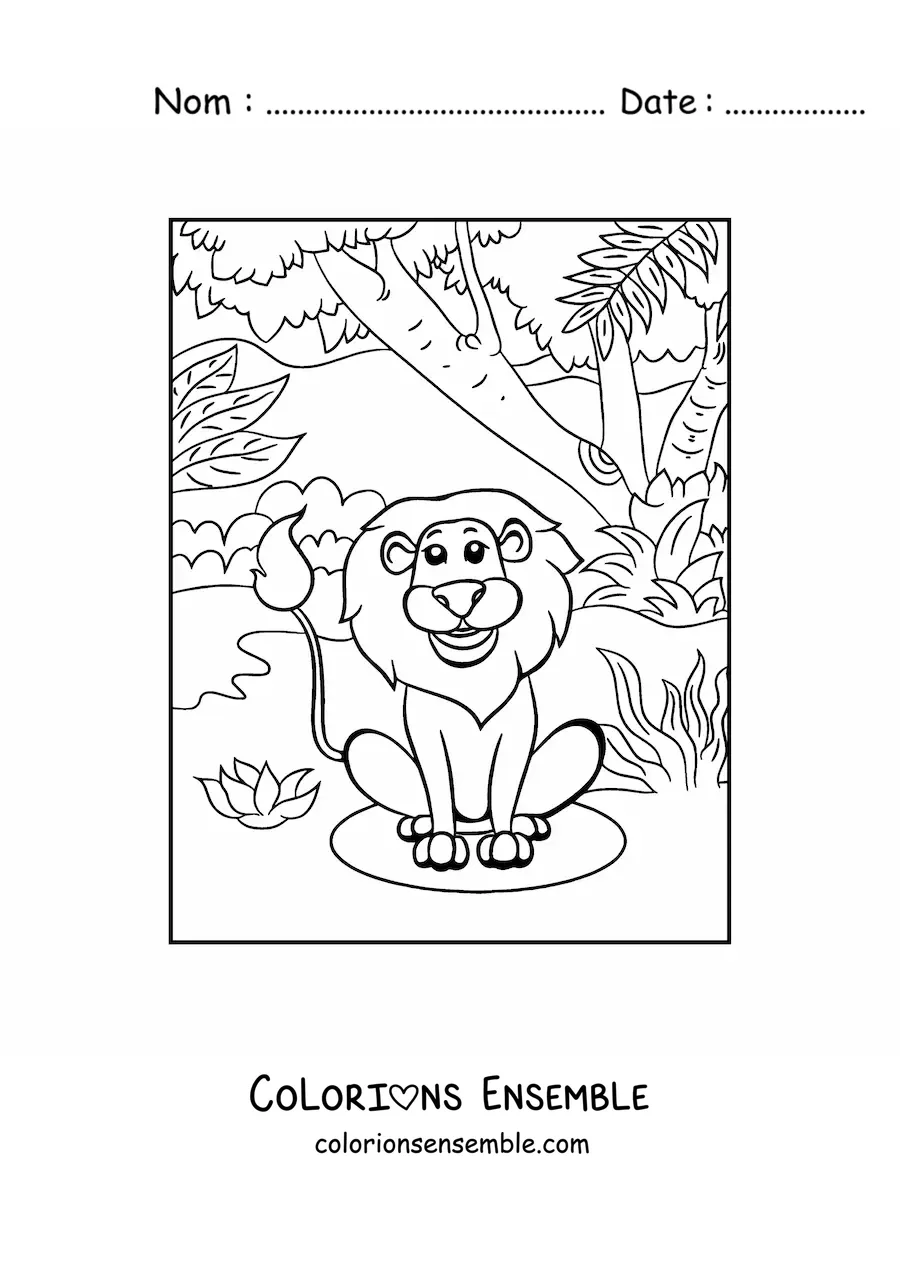 Image à colorier d'un lion souriant assis au milieu de la végétation de la jungle