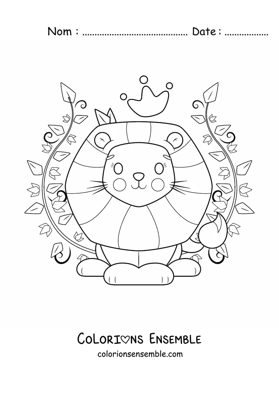 Image à colorier d'un lion kawaii avec une couronne, entouré de plantes décoratives