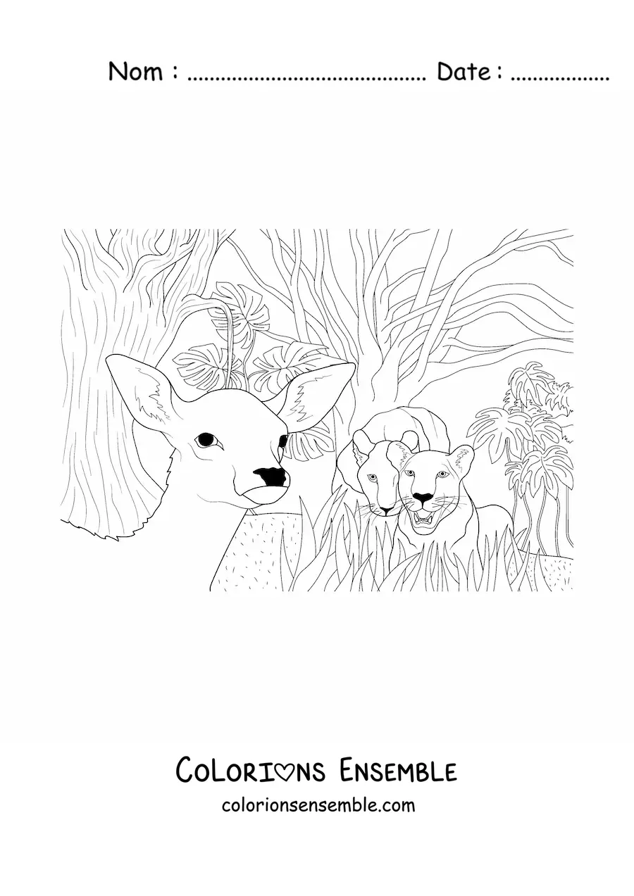 Image à colorier d'un couple de lions féroces chassant un cerf dans la jungle