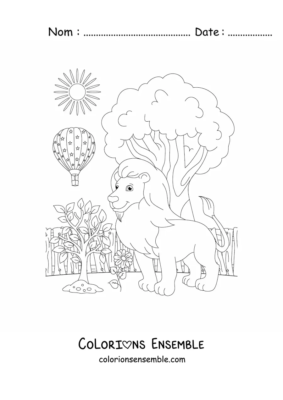Image à colorier d'un paysage de zoo avec un grand lion et une montgolfière
