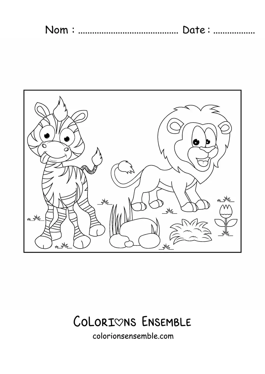 Image à colorier d'un dessin animé d'un lion et d'un zèbre rigolo